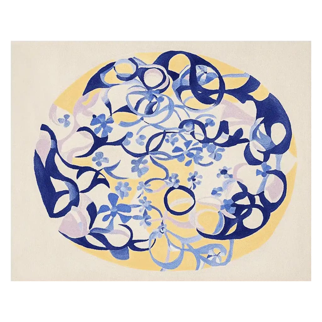 A beautiful hand-tufted wool area rug with a contemporary design, featuring swirling blue and yellow patterns. Perfect for adding a surreal garden vibe to your living room area rugs collection.