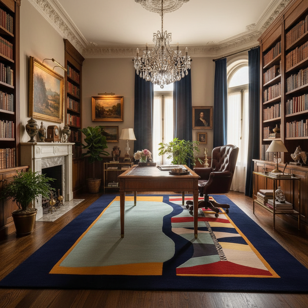 Luxurious room with a desk, bookshelves, and decorative elements.