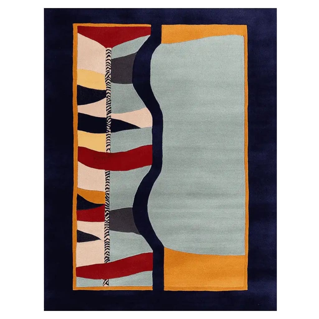 A vibrant hand-tufted area rug featuring a surreal pattern play of bold geometric shapes in red, yellow, blue, and gray tones. Ideal for contemporary living room settings, this large wool rug adds a unique artistic touch to any space.