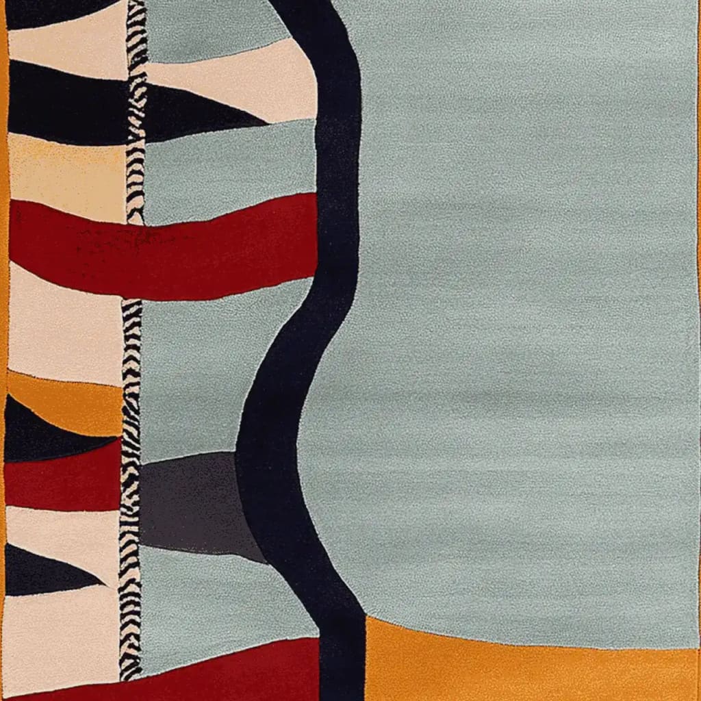 A vibrant Surreal Pattern Play Hand Tufted Area Rug, perfect for large living room spaces. This contemporary wool rug features abstract designs with bold colors like red, yellow, and blue, adding a modern touch to any setting.