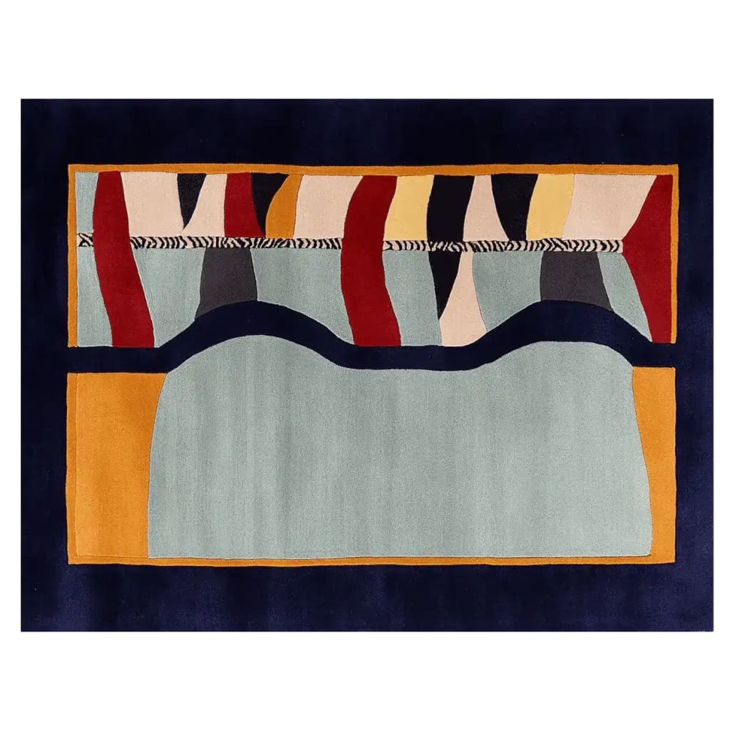 Top view of a contemporary area rug featuring a bold, surreal pattern in vibrant colors. Ideal for large living rooms, this hand-tufted wool rug showcases a blend of geometric shapes with a striking color palette, making it a standout piece for any modern space.