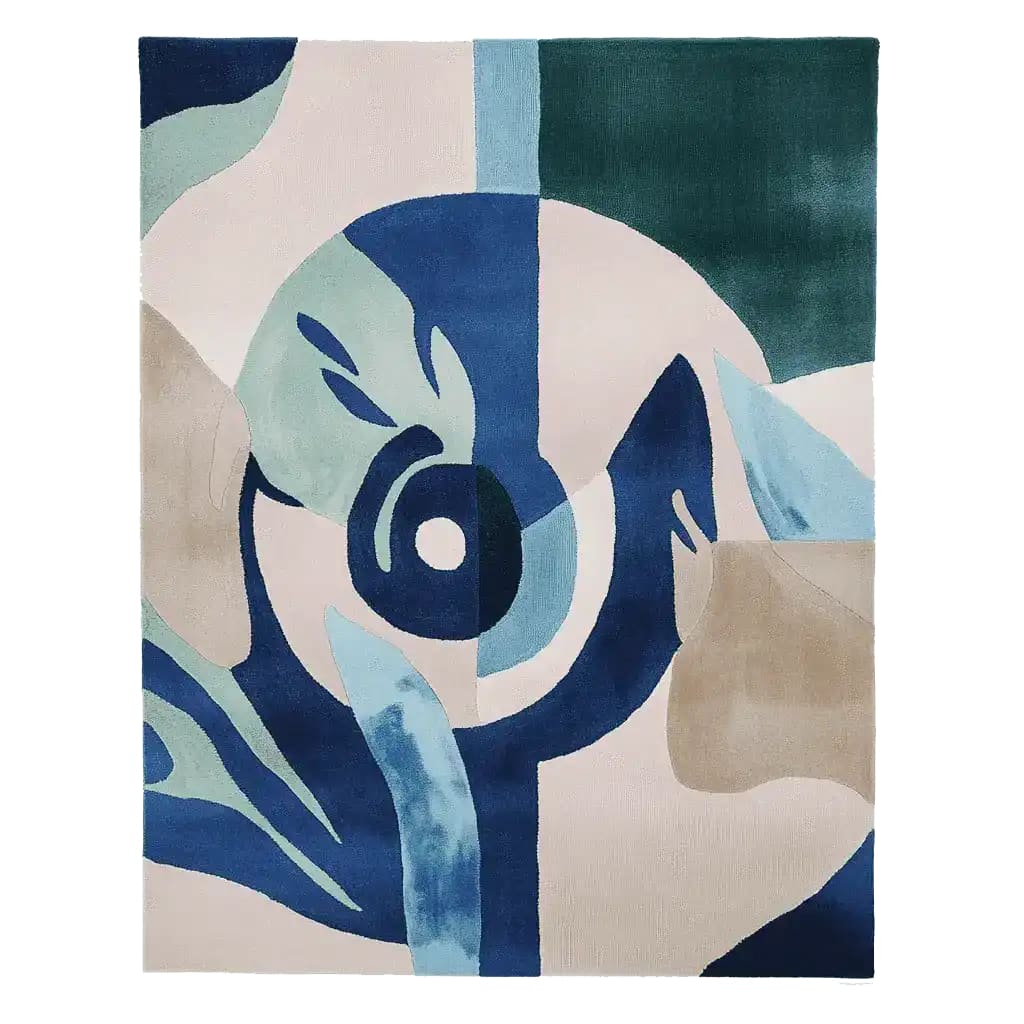 Top view of a Surreal Vision Hand Tufted Rug, featuring an abstract design with bold blue, green, and beige tones. This contemporary wool area rug is perfect for adding a modern touch to living rooms, available in an 8x10 size.