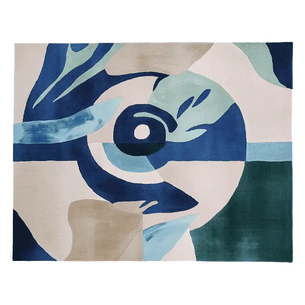 A vibrant Surreal Vision Hand Tufted Area Rug with an abstract design, featuring bold blues, greens, and beige tones. Perfect for enhancing contemporary living spaces, this 8x10 wool rug is ideal for those seeking unique area rugs for the living room.