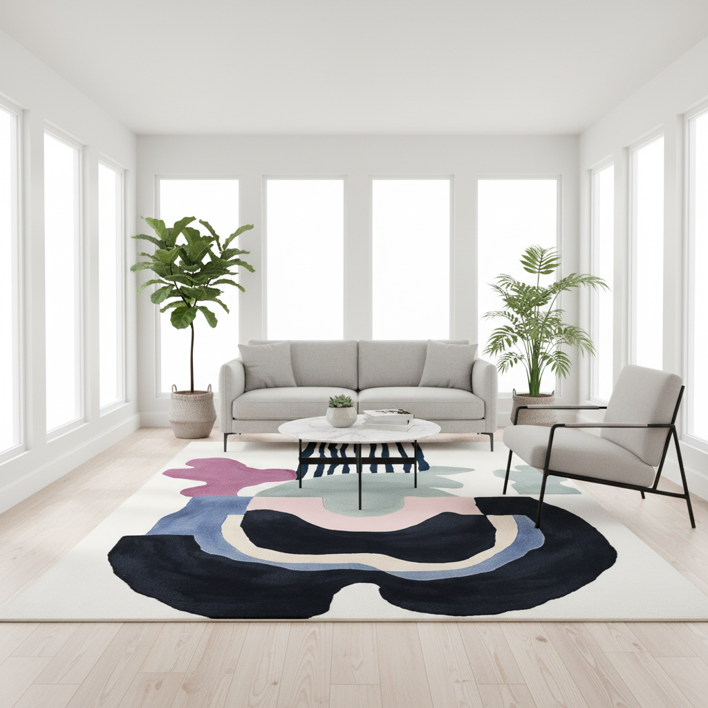 Modern living room with a colorful abstract rug, gray sofa, and white walls.