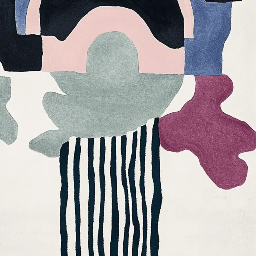 This stunning Surrealist Mind Garden Hand Tufted Rug features an abstract design with soft pastel colors and bold geometric patterns. Perfect as an area rug for your living room, this contemporary rug adds a unique artistic touch to any space. Made from high-quality wool, it's an ideal choice for living room area rugs that combine style and comfort.