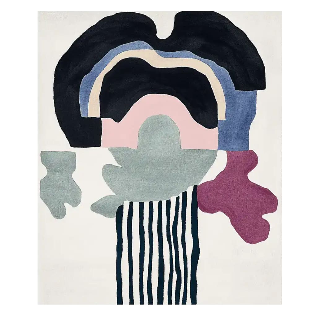 Surrealist Mind Garden Hand Tufted Area Rug featuring an abstract design with bold colors and organic shapes. This contemporary rug is perfect for adding a touch of art to living room spaces. Made from high-quality wool, it serves as a striking living room area rug.