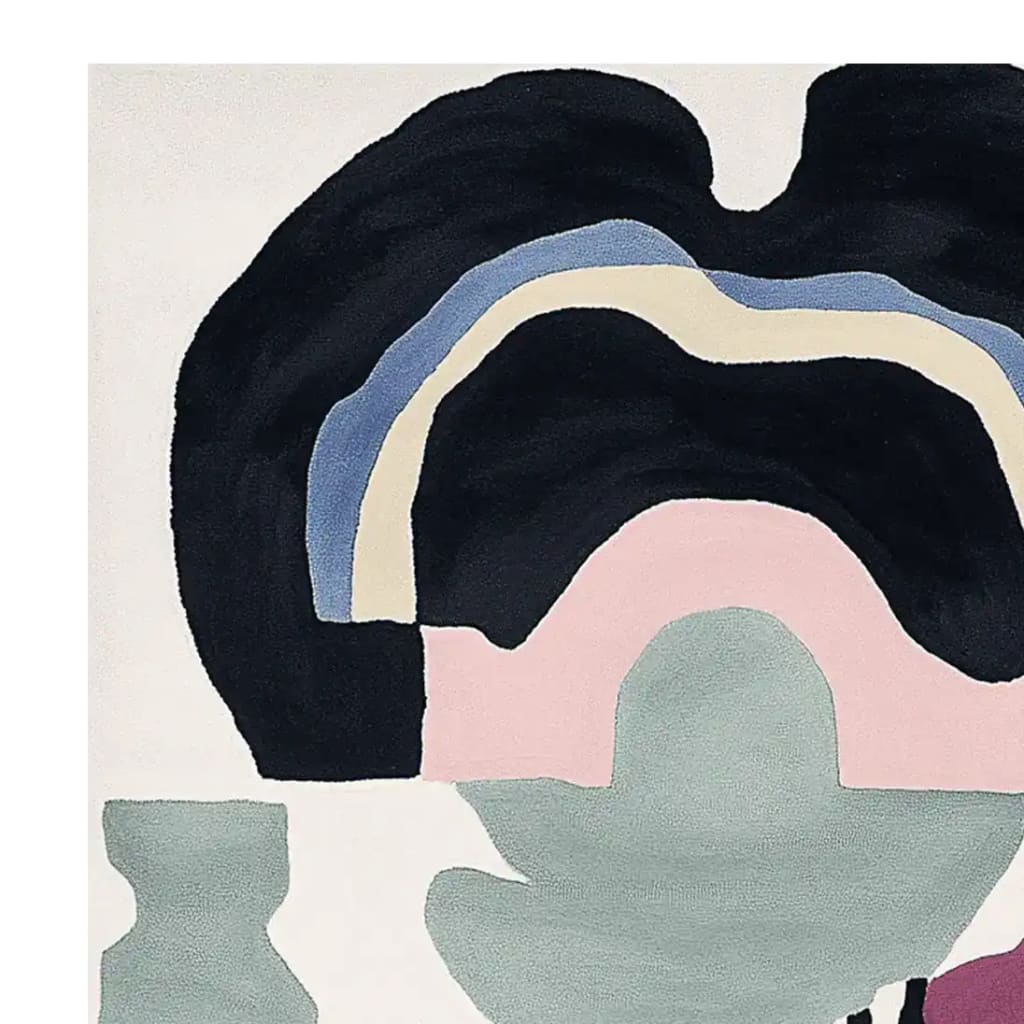 A stunning Surrealist Mind Garden hand-tufted area rug showcasing an abstract design with bold, contemporary shapes in black, blue, beige, pink, and green. Perfect for adding a modern touch to living room spaces, this wool rug is a striking example of contemporary rugs for living rooms.