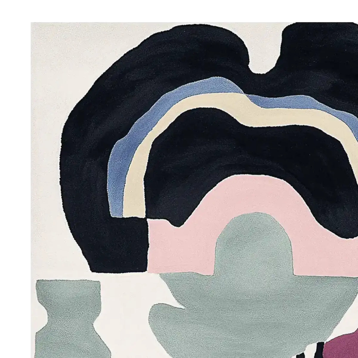 A stunning Surrealist Mind Garden hand-tufted area rug showcasing an abstract design with bold, contemporary shapes in black, blue, beige, pink, and green. Perfect for adding a modern touch to living room spaces, this wool rug is a striking example of contemporary rugs for living rooms.