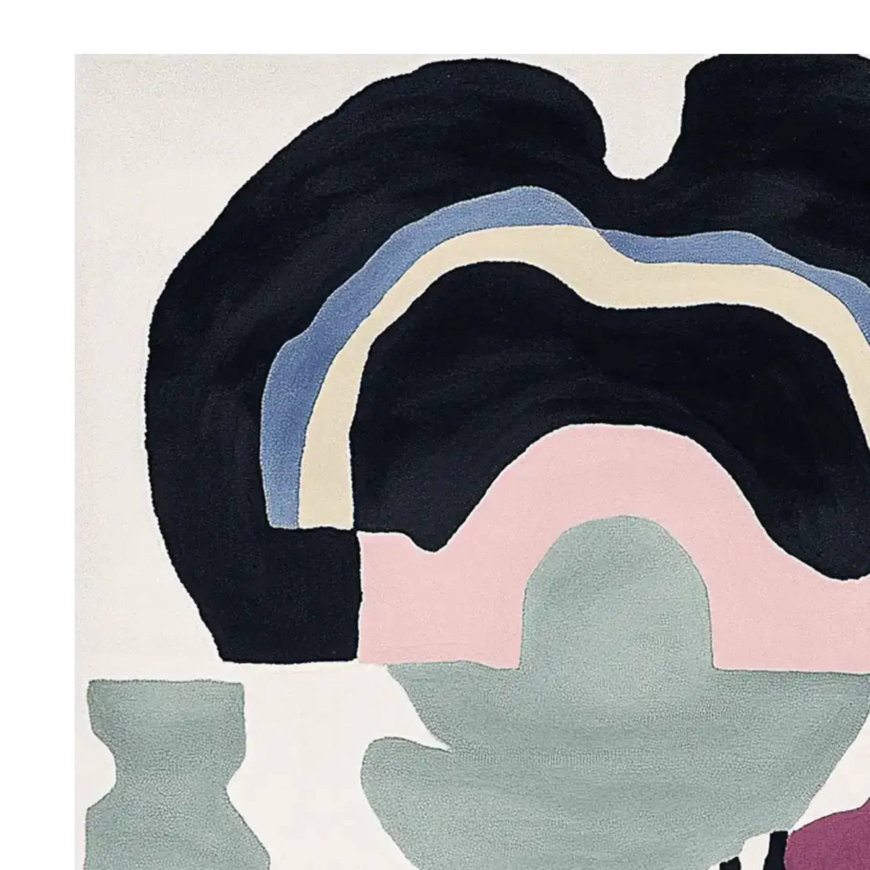 A stunning Surrealist Mind Garden hand-tufted area rug showcasing an abstract design with bold, contemporary shapes in black, blue, beige, pink, and green. Perfect for adding a modern touch to living room spaces, this wool rug is a striking example of contemporary rugs for living rooms.