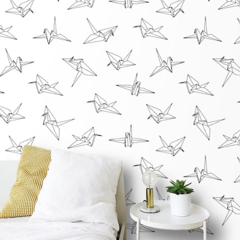 Gray Cranes Floral Wallpaper Swallow Birds Origami Minimalist Wallpaper 