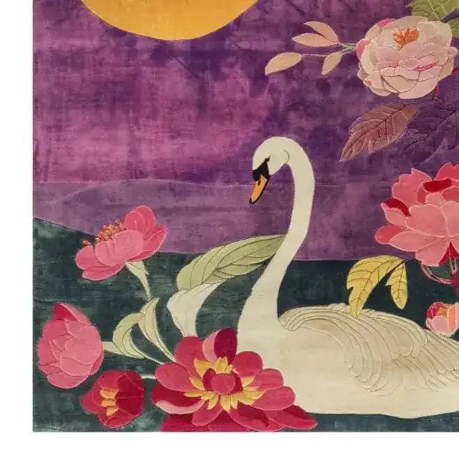A beautifully crafted wool area rug featuring an elegant swan amidst vibrant floral patterns, perfect for enhancing dining room aesthetics. This hand-knotted design combines rich purples and pinks to create a serene ambiance, ideal for those seeking high-quality dining room carpets.