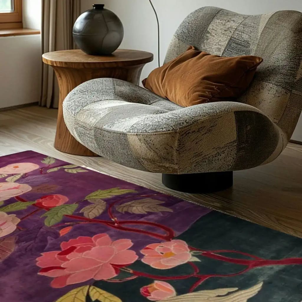 A beautifully designed Swan Serenity Wool Hand Knotted Area Rug adorns a cozy dining room. The rug showcases an elegant floral pattern with vibrant pink and red flowers against a deep purple background, adding a touch of sophistication to the space. Perfect for dining room carpets, this wool rug complements the modern chair and wooden side table.