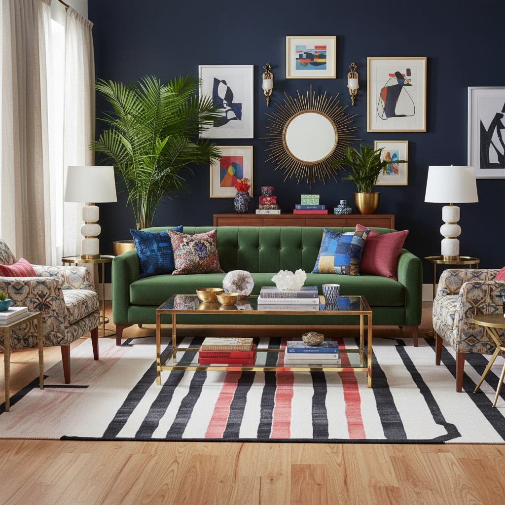 Living room with a green sofa, colorful decor, and striped rug.