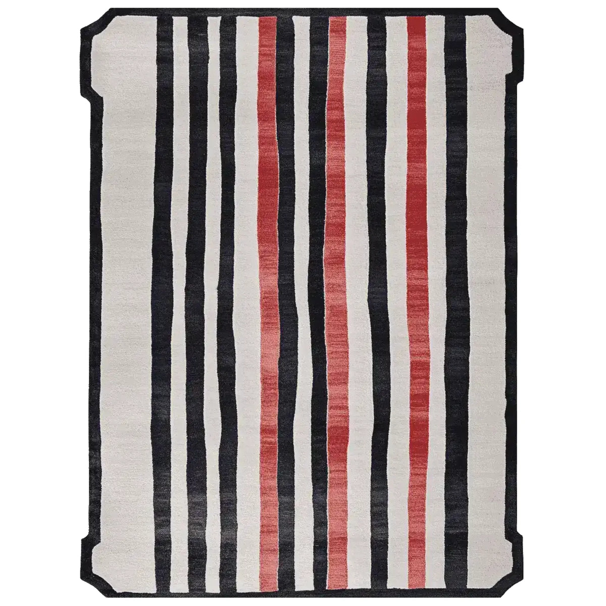 Top view of the Sweep of Stripe Hand Tufted Rug, an area rug perfect for modern living rooms. This contemporary rug features bold black and red stripes on a cream background, making it a striking addition to any space. Ideal for an 8x10 living room setting, this wool rug offers both style and comfort.