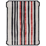 Top view of the Sweep of Stripe Hand Tufted Rug, an area rug perfect for modern living rooms. This contemporary rug features bold black and red stripes on a cream background, making it a striking addition to any space. Ideal for an 8x10 living room setting, this wool rug offers both style and comfort.