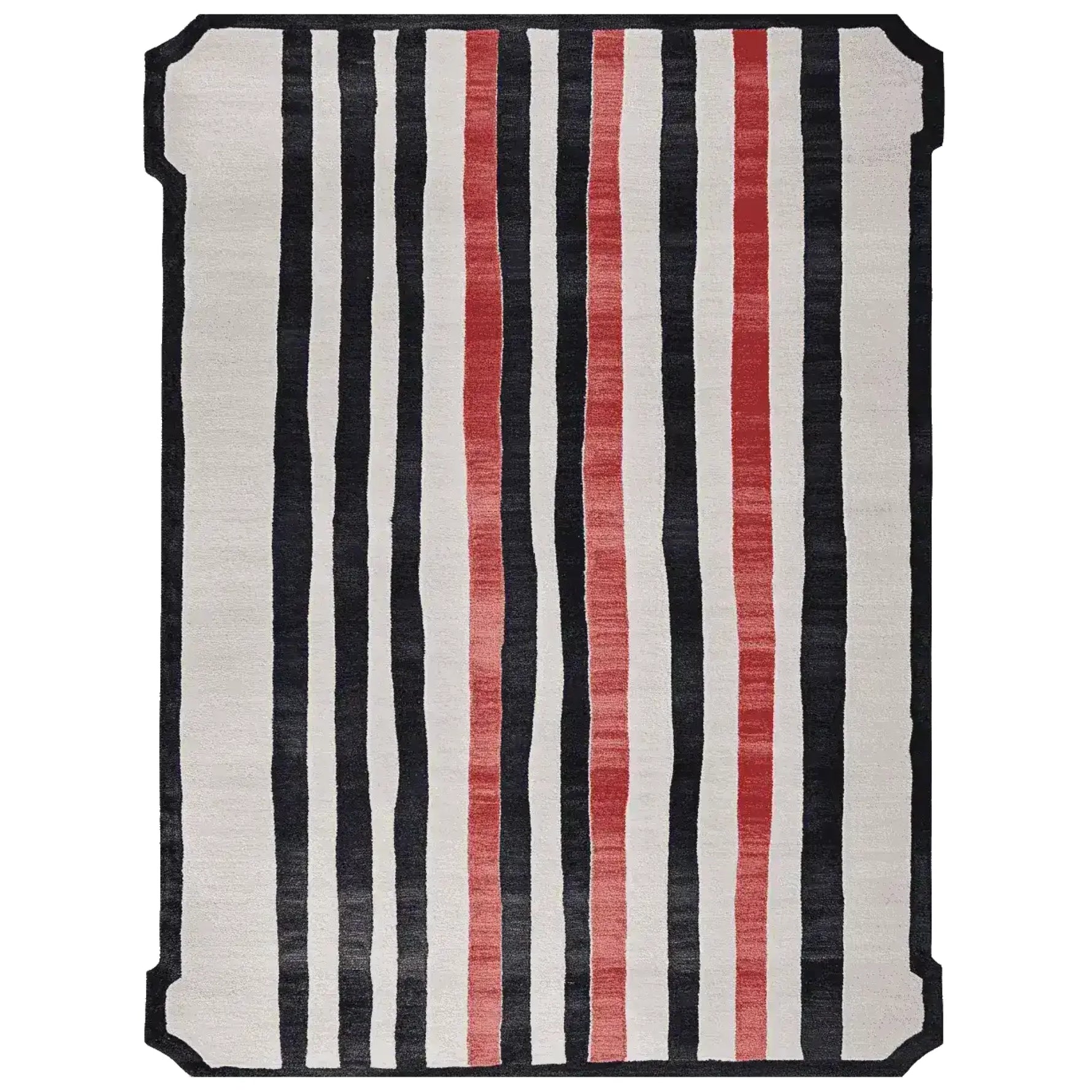 Top view of the Sweep of Stripe Hand Tufted Rug, an area rug perfect for modern living rooms. This contemporary rug features bold black and red stripes on a cream background, making it a striking addition to any space. Ideal for an 8x10 living room setting, this wool rug offers both style and comfort.