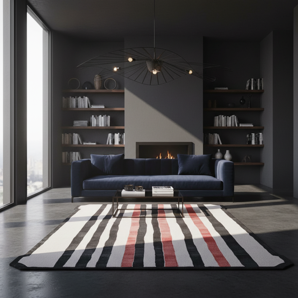 Modern living room with a blue sofa, striped rug, and bookshelves.
