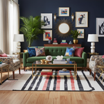 Living room with a green sofa, colorful decor, and striped rug.