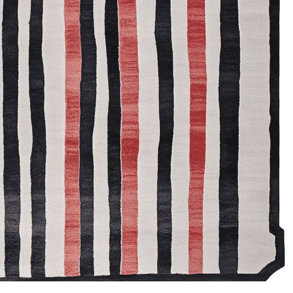 Top view of a contemporary area rug featuring bold vertical stripes in black, white, and red. This wool rug is perfect for adding a modern touch to living room spaces, available in 8x10 size. Ideal for those looking for stylish rugs for living room.