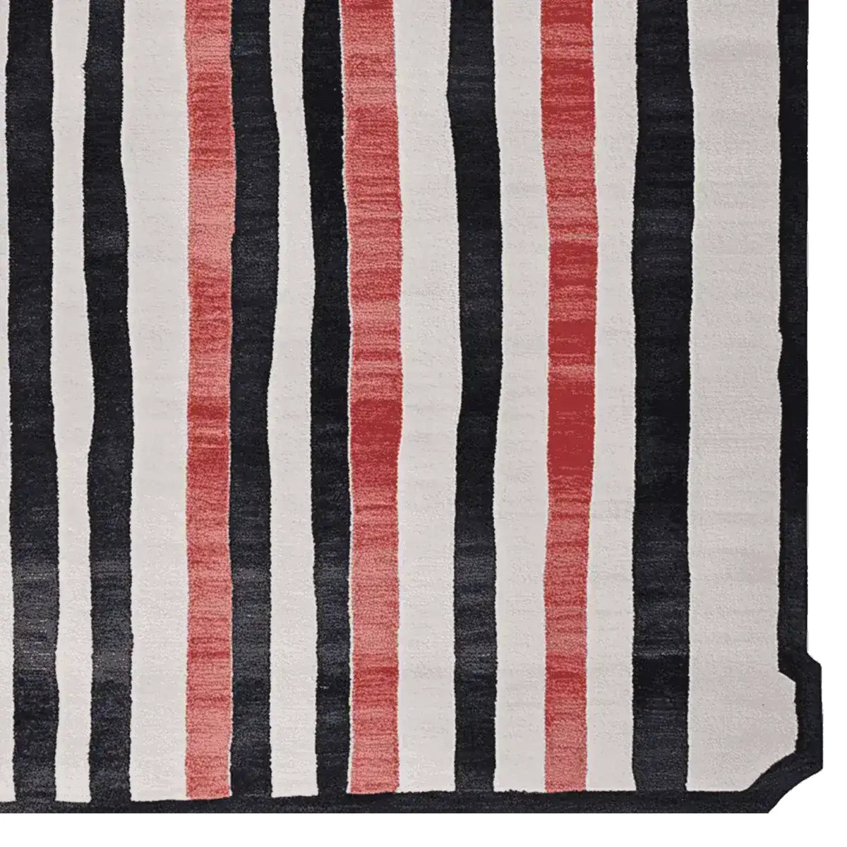 Top view of a contemporary area rug featuring bold vertical stripes in black, white, and red. This wool rug is perfect for adding a modern touch to living room spaces, available in 8x10 size. Ideal for those looking for stylish rugs for living room.