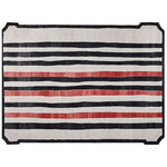 This area rug features a contemporary striped pattern in black, white, and red, perfect for adding a modern touch to any living room. Ideal for those looking for rugs for living room, this hand-tufted wool rug is available in an 8x10 size, offering both style and comfort.