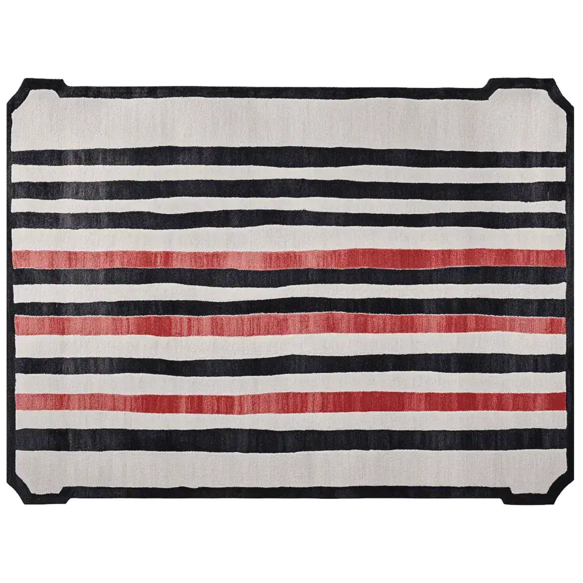 This area rug features a contemporary striped pattern in black, white, and red, perfect for adding a modern touch to any living room. Ideal for those looking for rugs for living room, this hand-tufted wool rug is available in an 8x10 size, offering both style and comfort.