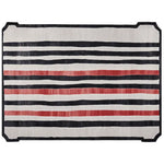This area rug features a contemporary striped pattern in black, white, and red, perfect for adding a modern touch to any living room. Ideal for those looking for rugs for living room, this hand-tufted wool rug is available in an 8x10 size, offering both style and comfort.