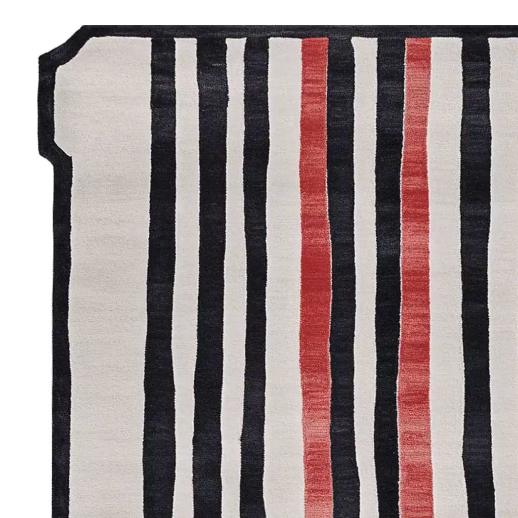 Close-up view of the Sweep of Stripe Hand Tufted Area Rug, showcasing bold black and red stripes on a cream background. An ideal contemporary rug for living rooms, this wool rug adds a modern touch to any space. Perfect for those looking for living room rugs 8x10.
