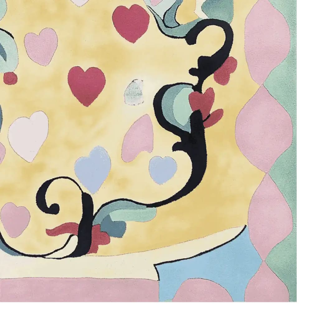 A vibrant hand-tufted area rug featuring a playful mix of heart shapes and abstract swirls, perfect for adding a touch of contemporary style to living room spaces. Crafted from high-quality wool, this rug combines soft pastel colors with bold black accents, making it an ideal choice for those seeking unique rugs for living room decoration.