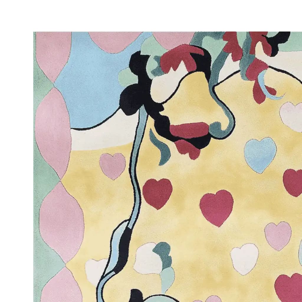 Vibrant and contemporary Sweet Romance Trail hand-tufted area rug featuring an abstract design with colorful heart motifs. Perfect for adding a touch of modern flair to any living room area. This wool rug combines soft pastels and bold outlines, making it an ideal choice for those seeking unique rugs for their living room.