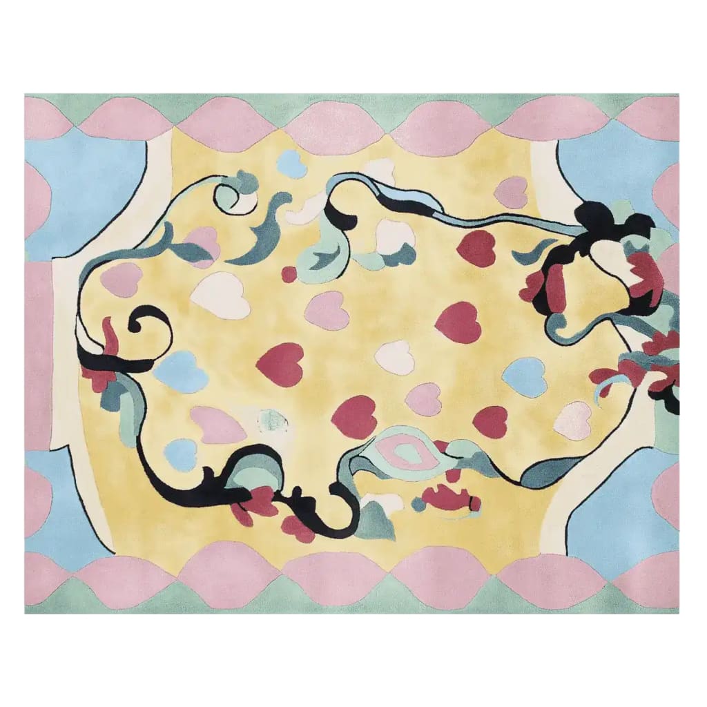 Vibrant Sweet Romance Trail Hand Tufted Area Rug featuring a contemporary abstract design with colorful heart and swirl patterns, perfect for adding a touch of elegance to living room area rugs. This wool rug combines pastel shades of pink, blue, and yellow, offering a chic look for rugs in living rooms.