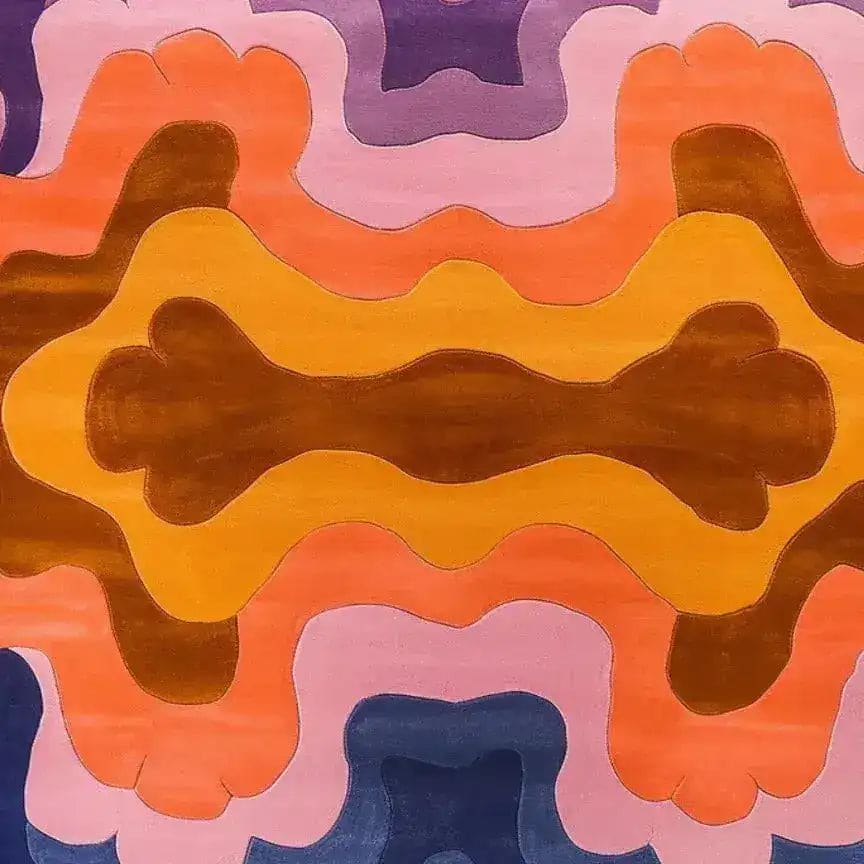 Vibrant and contemporary area rug featuring swirling colors in orange, pink, purple, and brown. This hand-tufted wool rug is perfect for adding a pop of color to your living room. Ideal for those seeking unique living room rugs in an 8x10 size, this abstract design elevates any space with its modern flair.