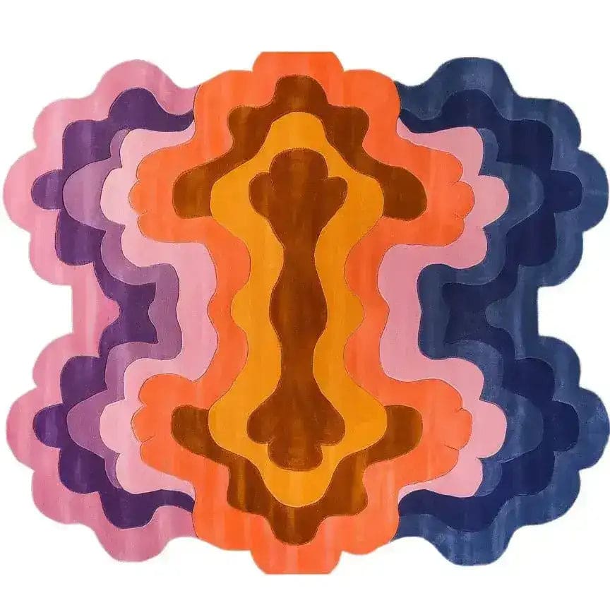 Vibrant Swirling Colors wool Hand Tufted Area Rug featuring an abstract design with layers of orange, pink, purple, and blue hues. Perfect for adding a contemporary touch to your living room as an 8x10 wool rug.