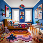 Swirling Colors wool hand tufted rug in a kids room, scalloped wavy shape with concentric bands of pink, lavender, orange and terracotta