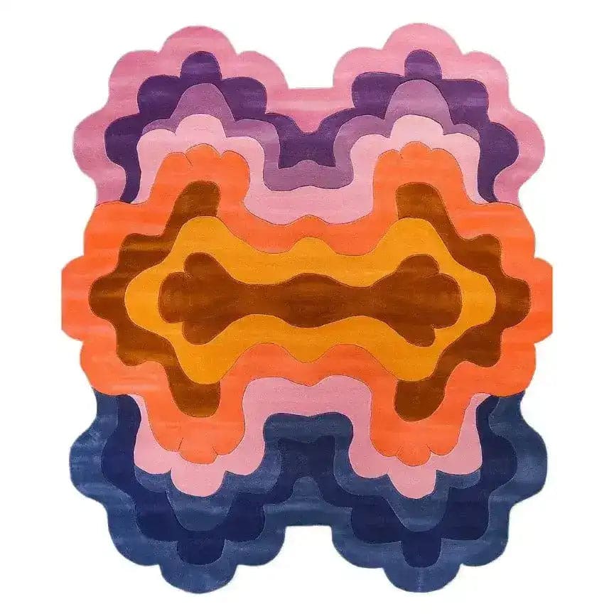 A vibrant and contemporary hand-tufted wool area rug featuring swirling colors of pink, orange, and blue. Perfect for adding a bold statement to living rooms, this abstract rug design offers a modern aesthetic, ideal for living room rugs 8x10 or area rugs for living room settings.