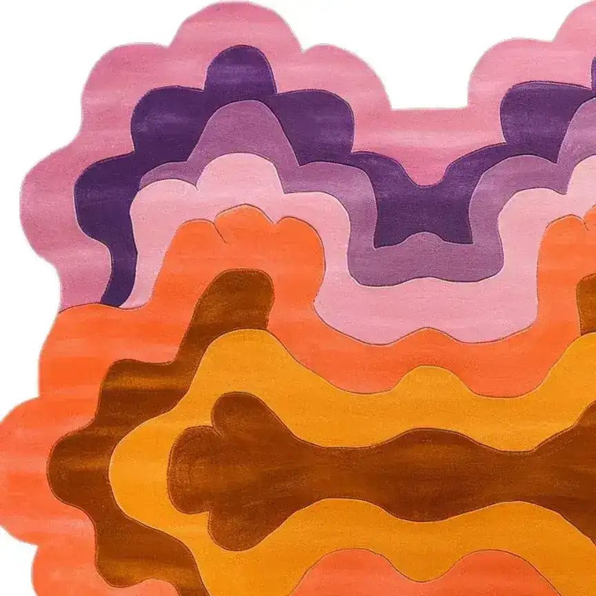 A vibrant, hand-tufted wool rug showcasing swirling colors in shades of pink, purple, orange, and brown. This contemporary area rug, perfect for a living room, features an abstract, wavy pattern, ideal for adding a splash of color to any space. It is a standout piece among 8x10 living room rugs, offering a blend of modern design and cozy wool texture.