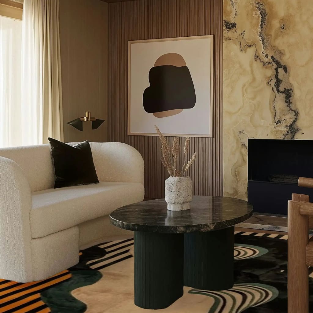 A contemporary living room features a Swirling Sands Tufted Wool Rug, showcasing an abstract design in earthy tones. The large area rug complements the modern decor with a plush sofa and a sleek coffee table, ideal for a stylish 8x10 living room setting.