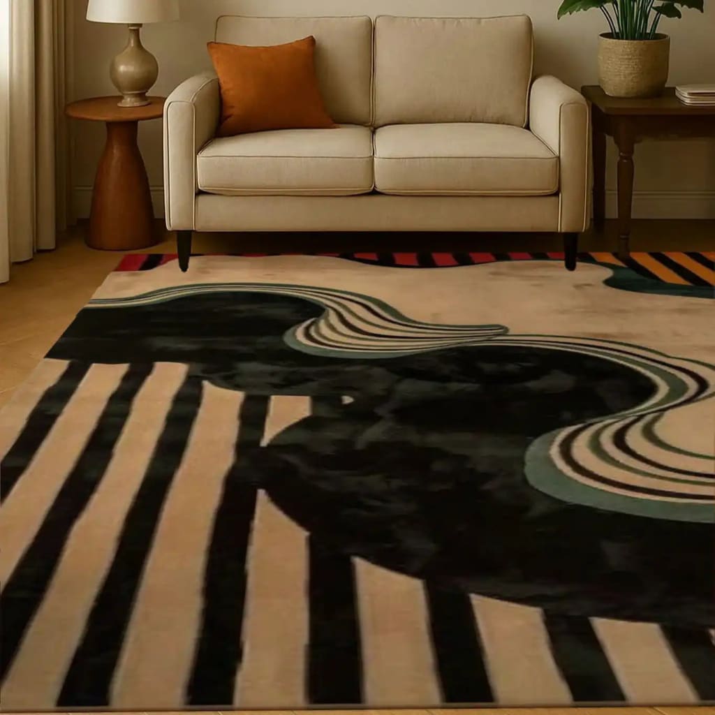 This contemporary area rug, titled 'Swirling Sands Tufted Wool Rug', features a modern abstract design with swirling patterns and bold stripes. Crafted from high-quality wool, it adds a sophisticated touch to the living room. Perfect as a large area rug, this 8x10 wool rug complements any decor with its elegant and artistic flair.