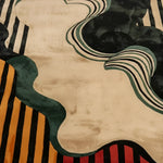 Close-up of a patterned rug with wavy lines and geometric shapes.