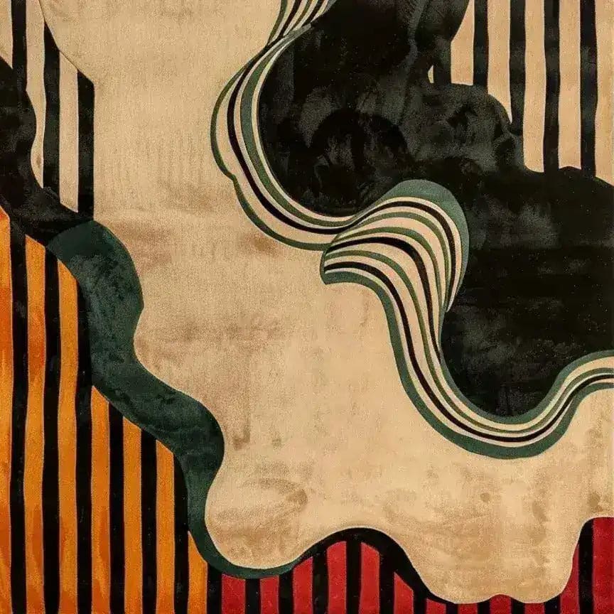 Top view of the Swirling Sands Tufted Wool Rug, a contemporary area rug perfect for a living room. It features an abstract design with bold swirling patterns and a mix of earthy tones, ideal for adding a touch of elegance to large living rooms. This 8x10 wool rug showcases a blend of stripes and curves, making it a standout piece among large area rugs.