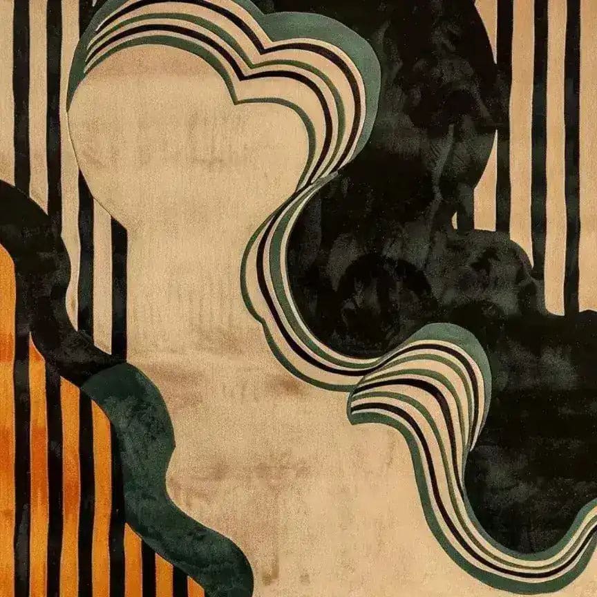 A contemporary Swirling Sands Tufted Wool Rug showcasing an abstract design with flowing lines and bold stripes, perfect for adding elegance to a living room. This large area rug is ideal for spaces needing an 8x10 wool rug, combining modern aesthetics with cozy warmth.