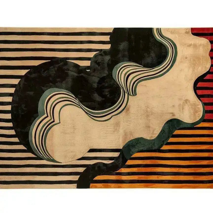 Top view of the Swirling Sands Tufted Wool Rug, featuring an abstract design with bold stripes and organic shapes. This contemporary large area rug in 8x10 size is perfect for adding a modern touch to your living room decor.