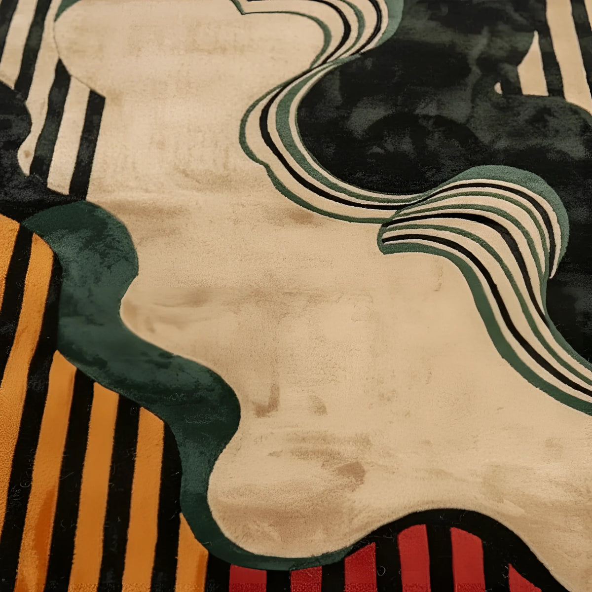 Close-up of a patterned rug with wavy lines and geometric shapes.