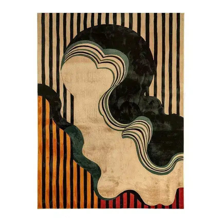 A contemporary area rug showcasing a dynamic swirling design in rich earth tones, perfect for enhancing a living room space. This large tufted wool rug, sized 8x10, combines abstract patterns with bold stripes, making it an ideal choice for those seeking large area rugs for living room decor.