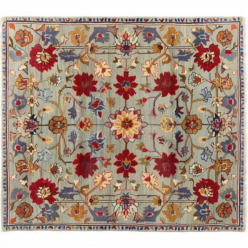 This image showcases a stunning symmetrical hand-tufted area rug, perfect for large living room spaces. The wool rug features an intricate floral pattern with vibrant colors, giving it a vintage charm. Ideal for adding warmth and style to your living room, this floral rug stands out with its detailed design and rich hues.