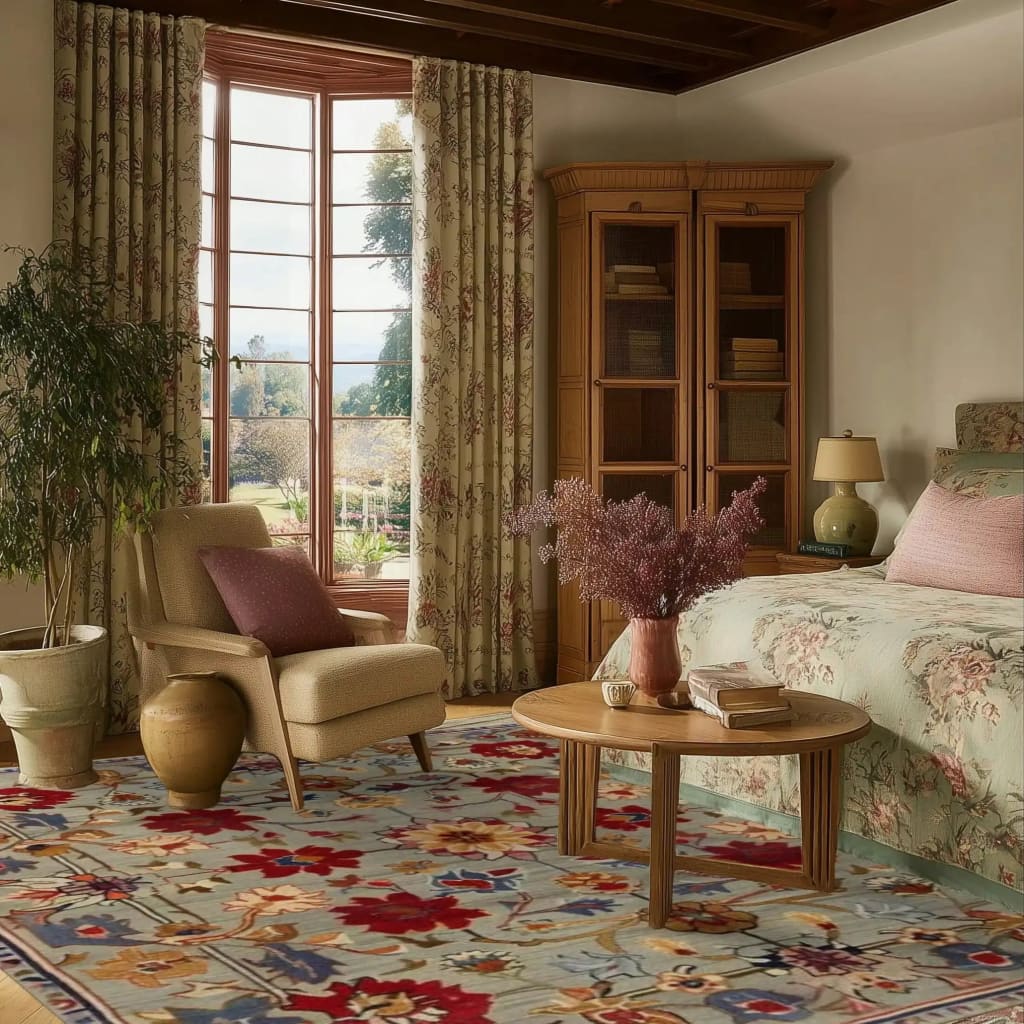A cozy living room featuring a symmetrical hand-tufted area rug with a vibrant floral pattern, perfect for large living rooms. The wool rug adds a vintage charm, complementing the floral curtains and classic wooden furniture, creating a warm and inviting atmosphere.