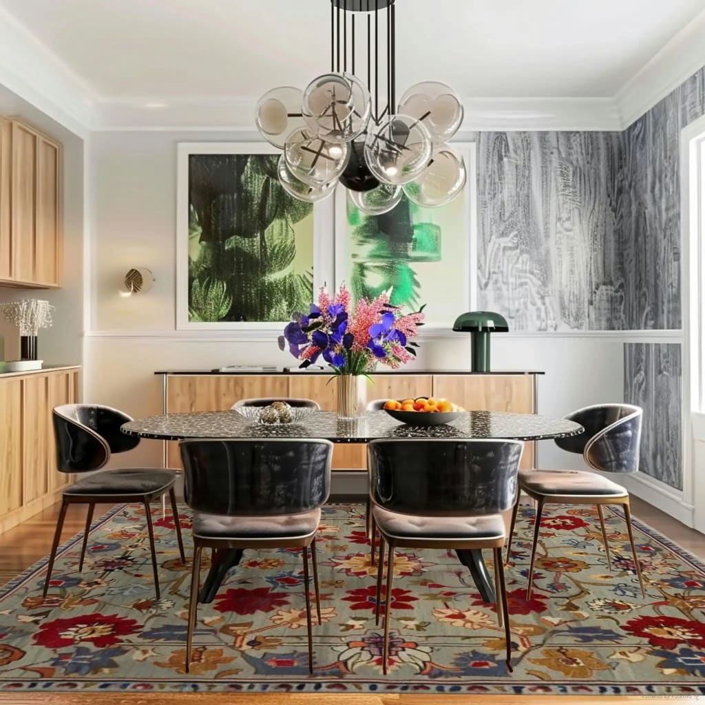 A beautifully decorated living room featuring a large, symmetrical hand-tufted area rug with a vintage floral design. This wool rug adds a touch of elegance and warmth to the space, perfectly complementing the modern dining table and chairs. Ideal for those seeking stylish area rugs for living rooms.