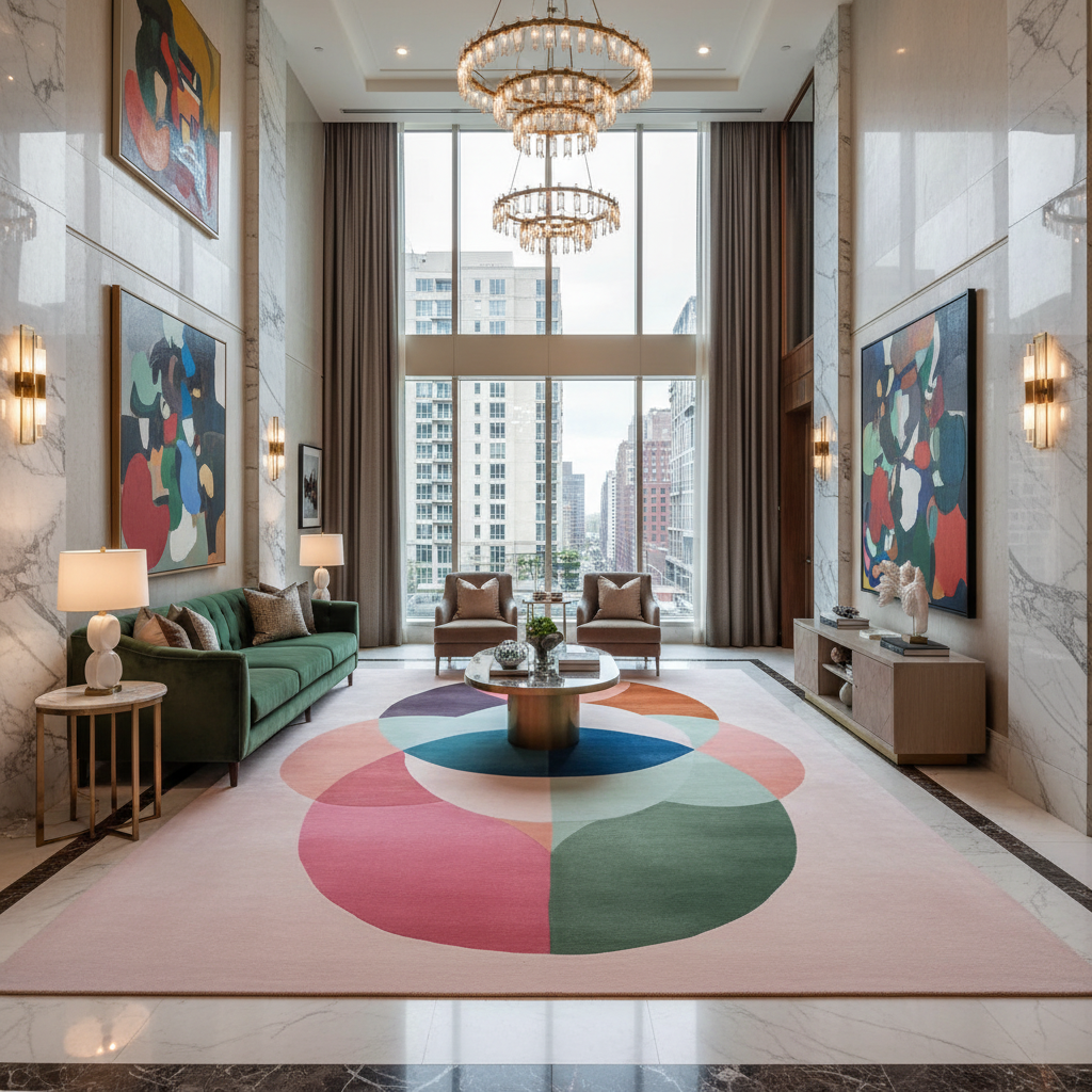 Modern living room with a colorful rug, furniture, and large windows.