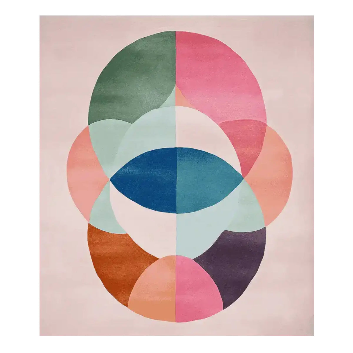 Colorful hand-tufted area rug showcasing a vibrant abstract design with overlapping geometric shapes, perfect for adding a touch of contemporary style to any living room. This 8x10 wool rug features a blend of pink, green, blue, and orange hues, creating a striking visual centerpiece.