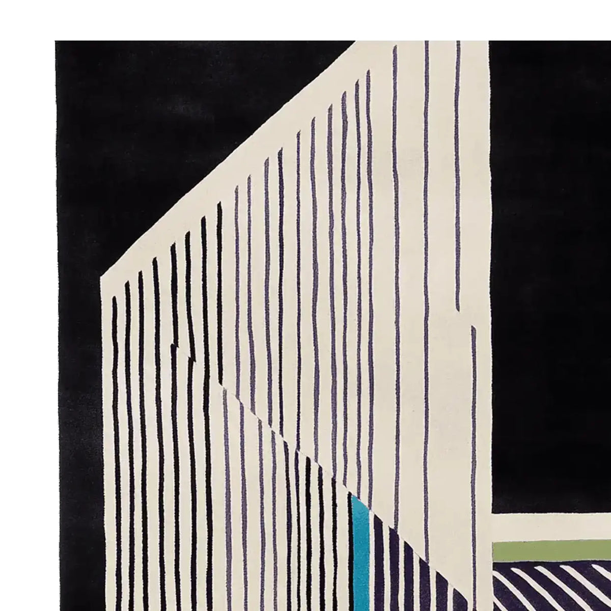 Close-up view of the 'Symmetry in Motion' hand-tufted wool area rug, showcasing a contemporary design with bold black and cream stripes, perfect for modern living room spaces.